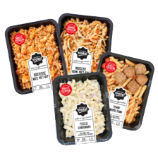 Noordertrots nasi of bami rijkgevuld schaal à 800 gram, 
penne Napolitano of fusilli carbonara schaal à 900 gram
